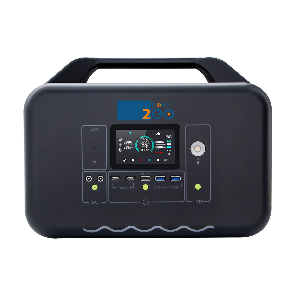 Front view of the Power-2Go 1000 portable power station, showing the LED display and control panel.